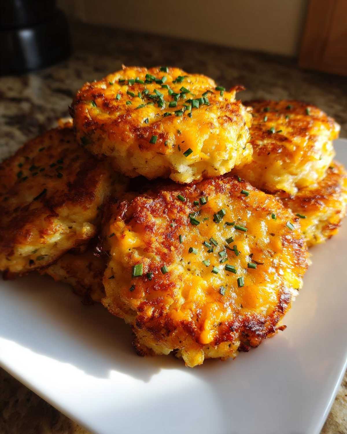 A stack of golden brown, cheesy mashed potato cakes garnished with fresh chopped chives.