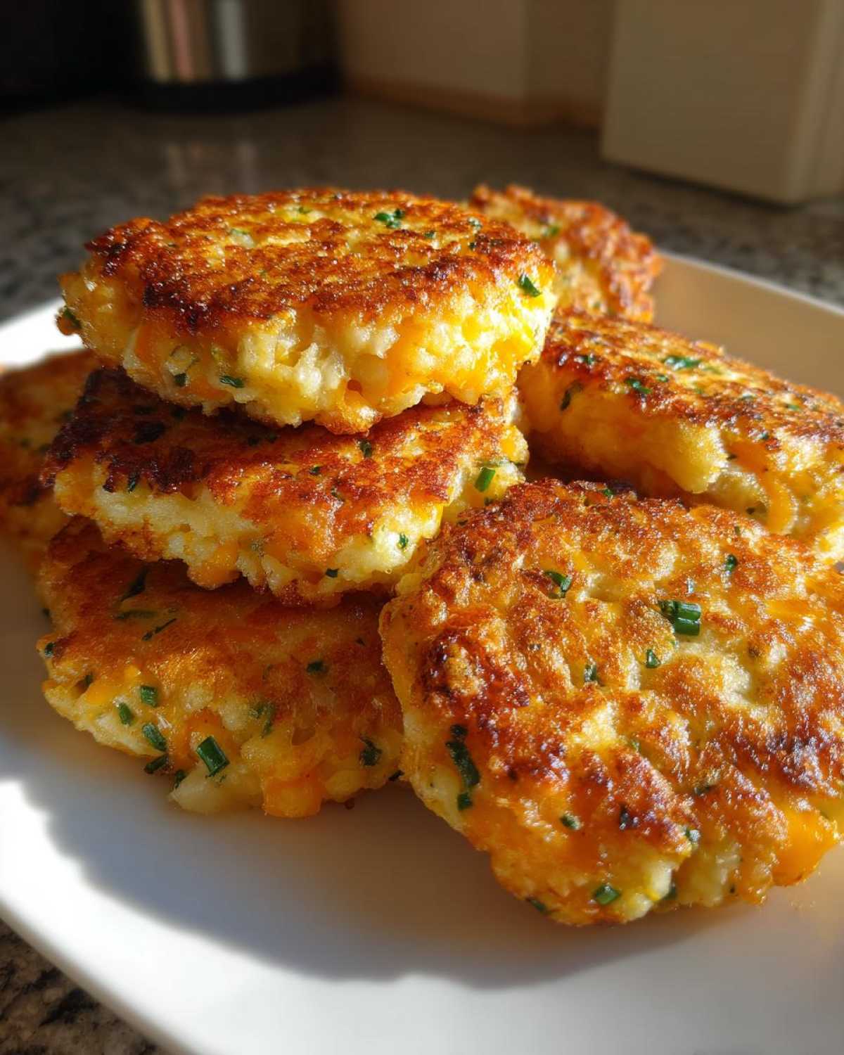 A stack of perfectly pan-fried, golden brown mashed potato cakes, flecked with cheese and chives.