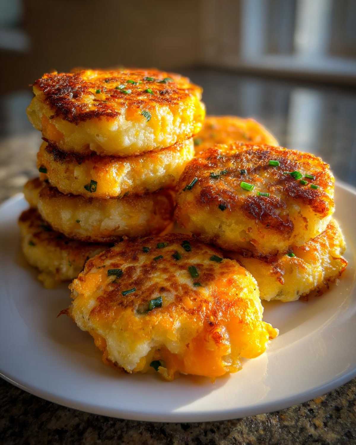 A stack of golden brown, pan-fried mashed potato cakes topped with fresh green chives on a white plate.