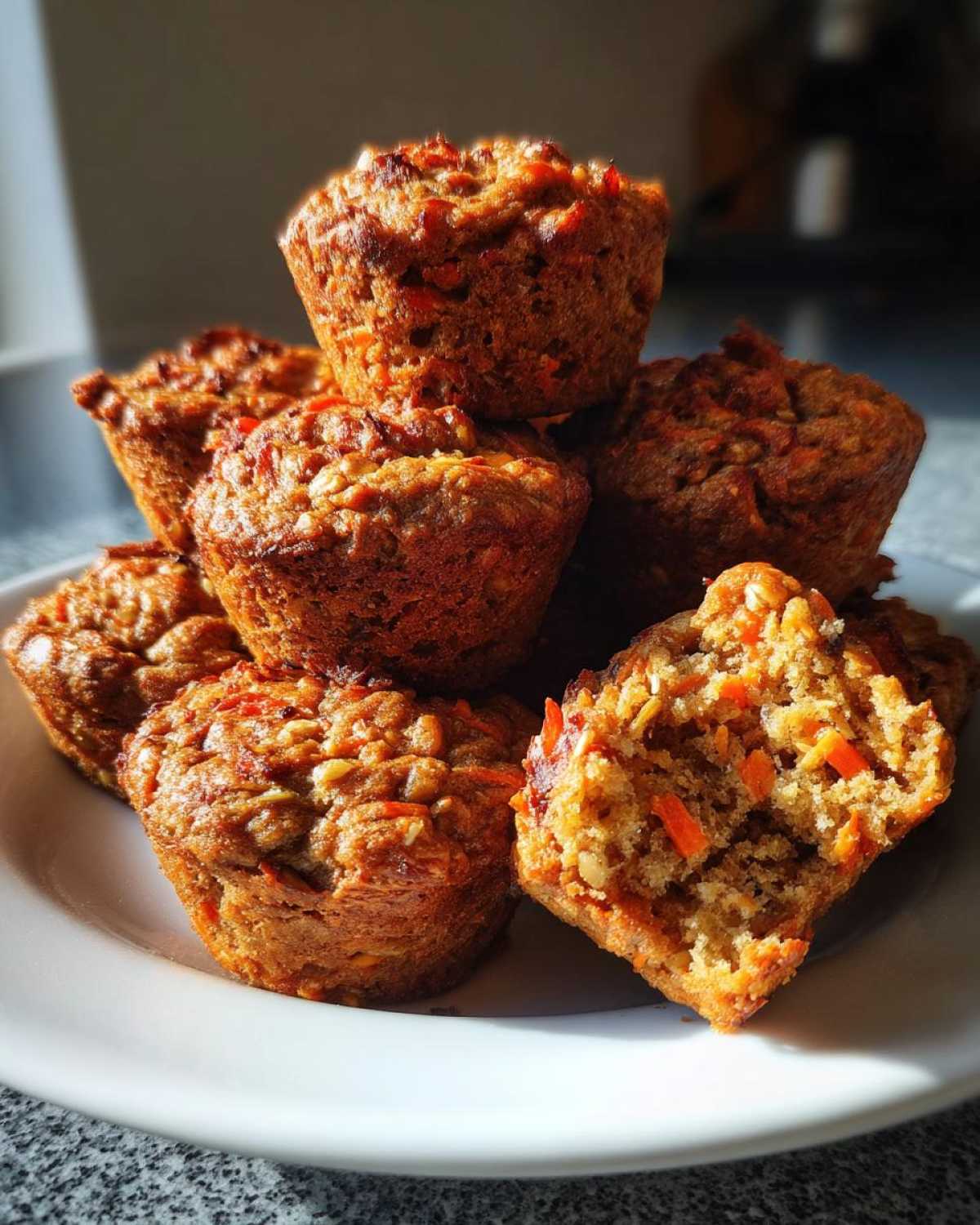 A stack of golden brown morning glory muffins on a white plate, with one muffin broken open showing shredded carrots and oats.