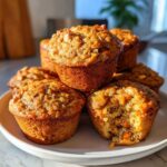 A close-up stack of golden brown morning glory muffins on a white plate, one muffin has a bite taken out showing carrot shreds.