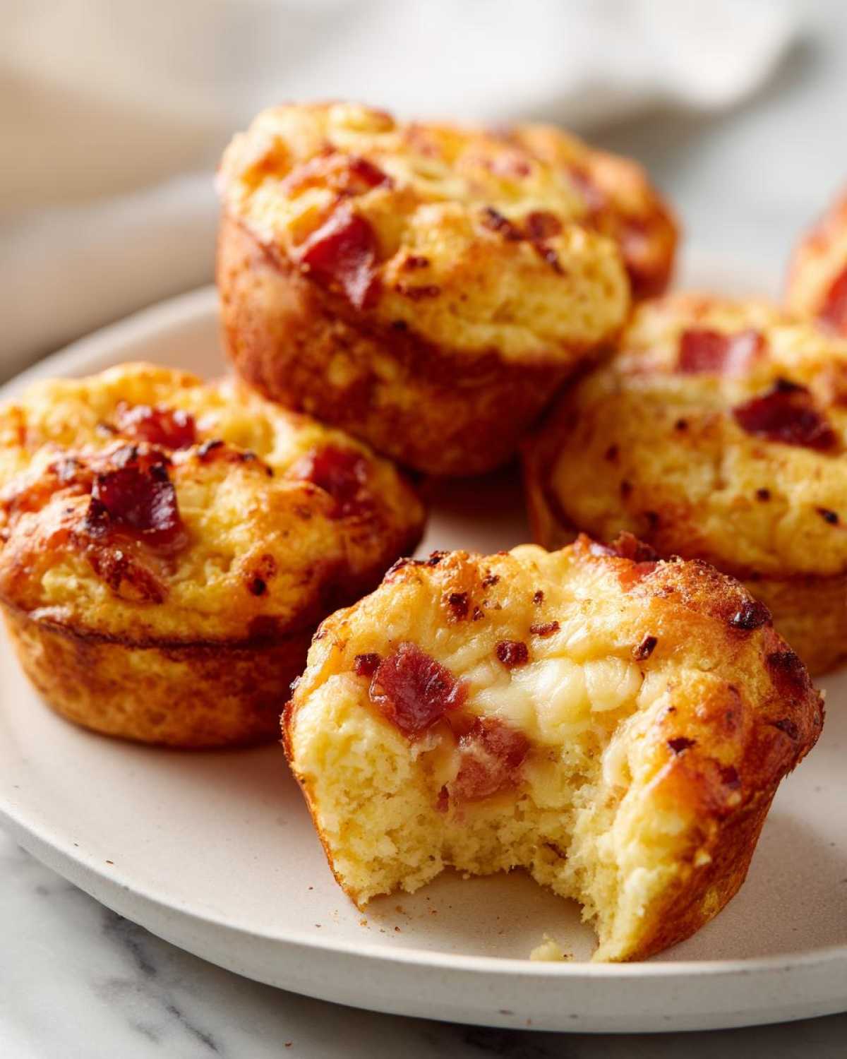 Close-up of several golden Pizza Muffins on a plate, one featuring a bite taken out showing melted cheese and pepperoni chunks.