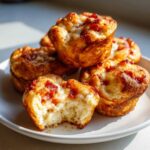 A stack of golden brown pizza muffins on a white plate, one bitten into, showing cheesy interior.