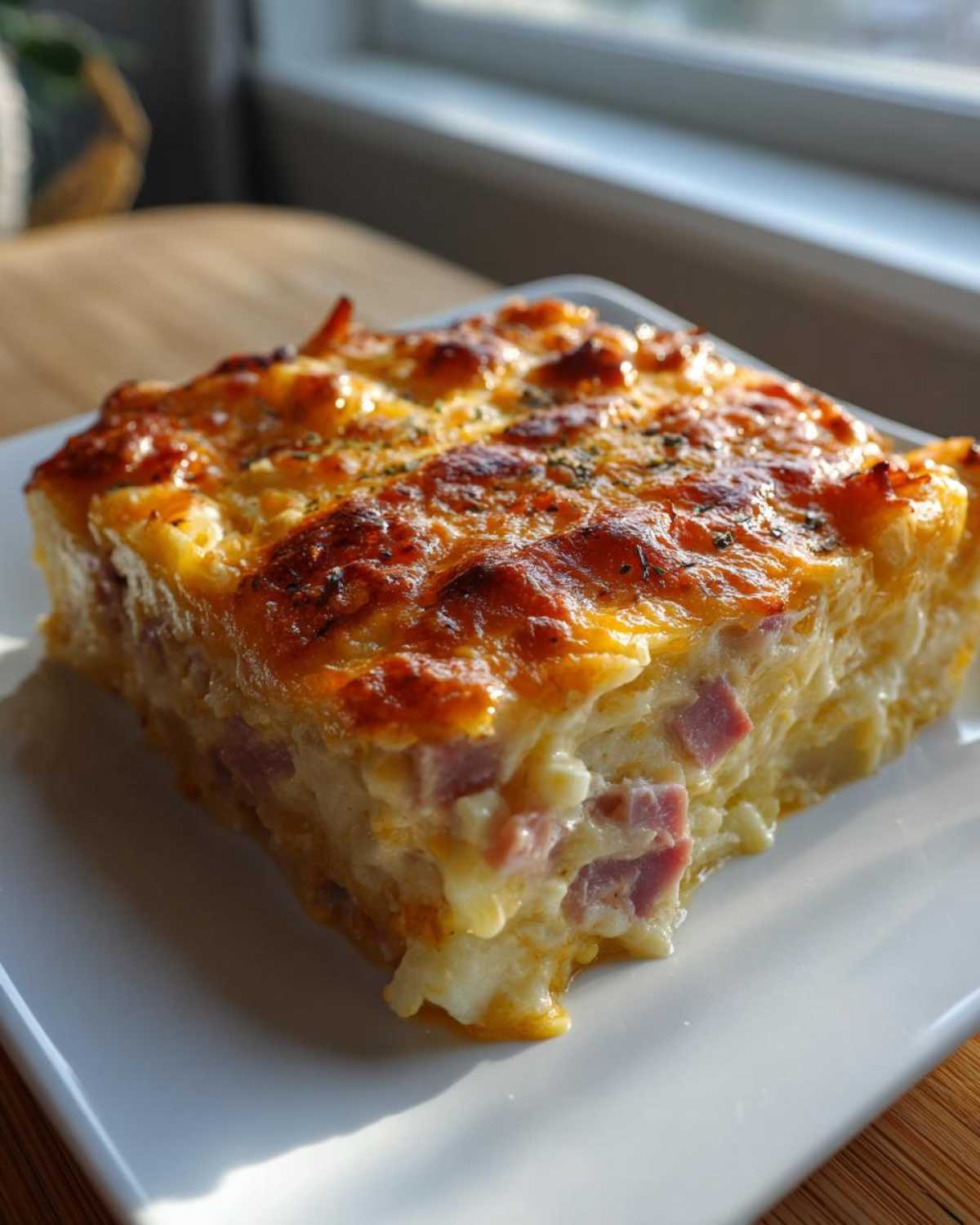 A square serving of cheesy scalloped potatoes and ham with a deeply browned, bubbly top, served on a white plate.