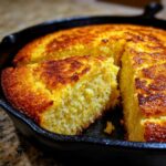 Close-up of golden brown skillet cornbread, with one wedge cut out showing the moist interior.