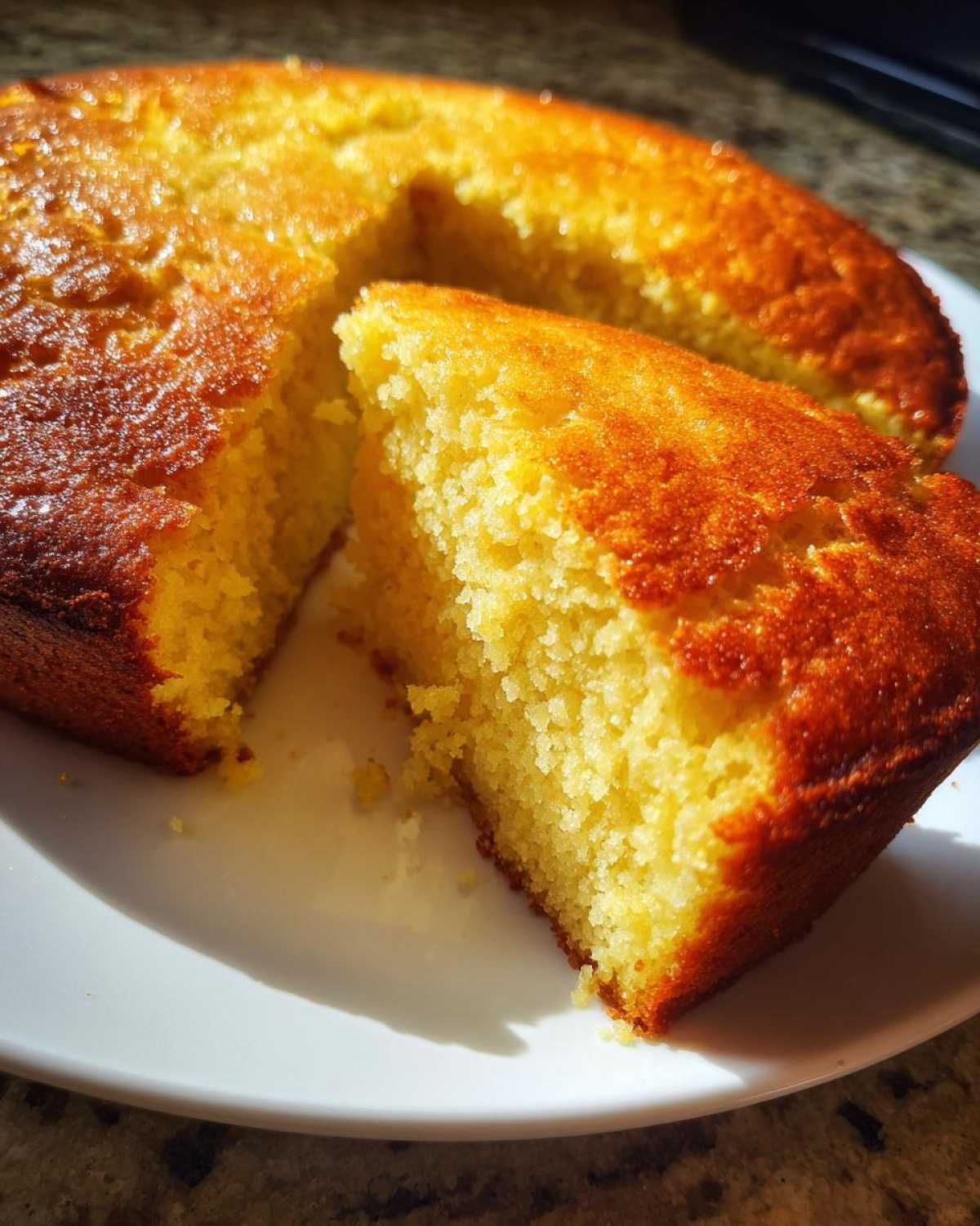 Close-up of a thick, golden slice cut from a round skillet cornbread, showing its moist, crumbly texture.