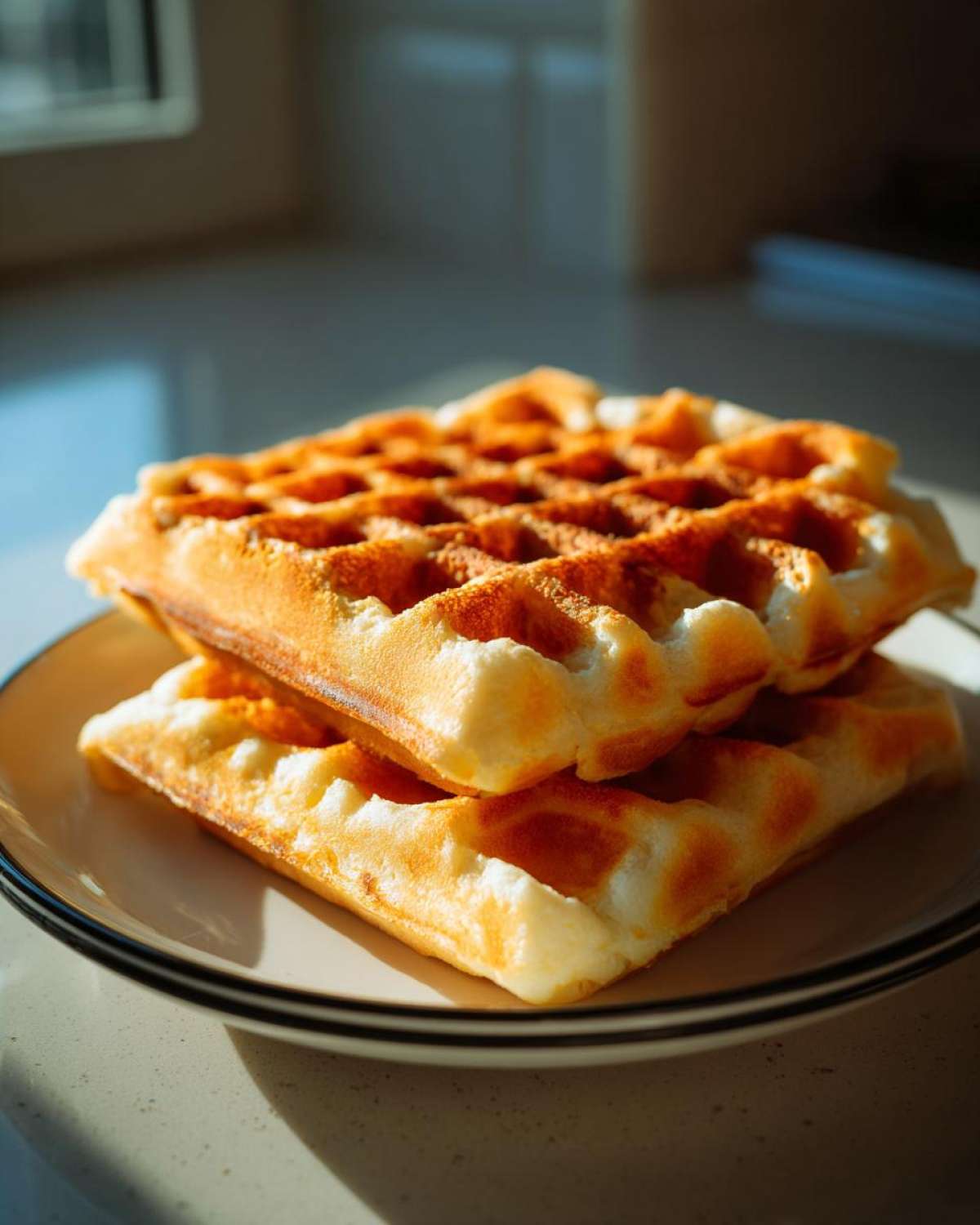 Two golden brown, fluffy high protein waffles stacked on a white plate with a black rim.
