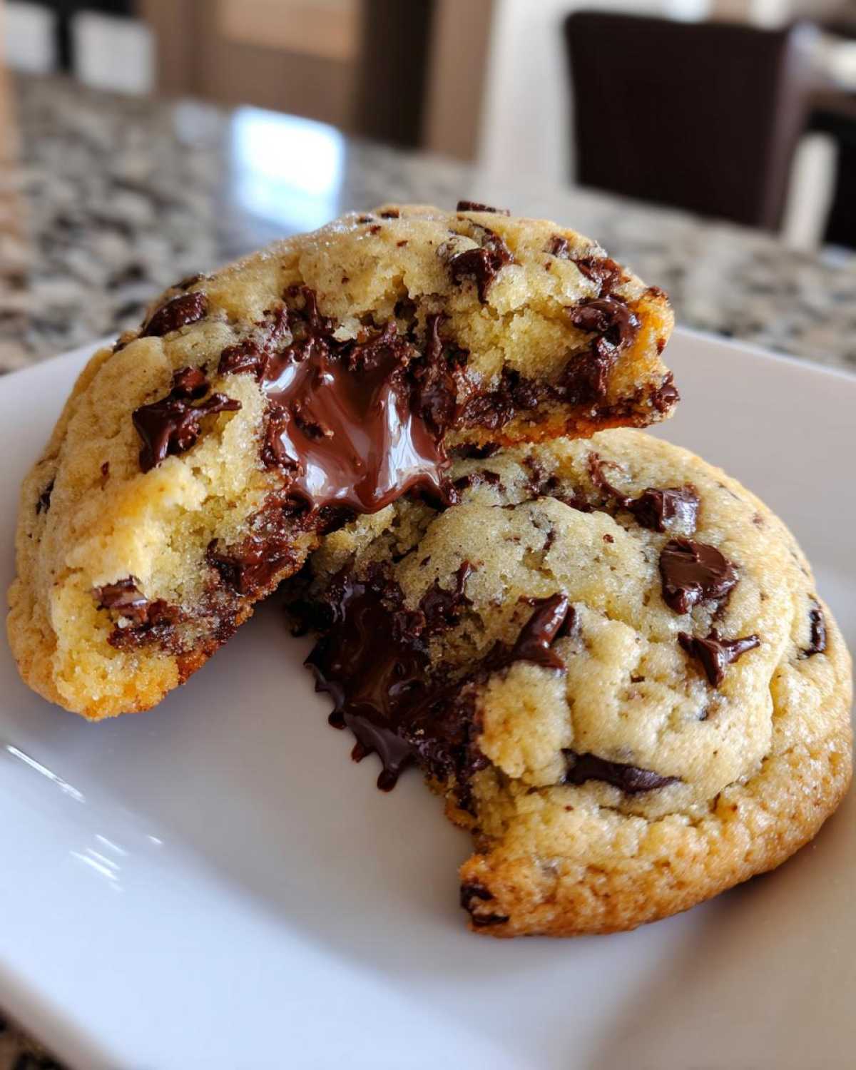 Close-up of a warm chocolate chip cookie broken in half, revealing melted chocolate filling.