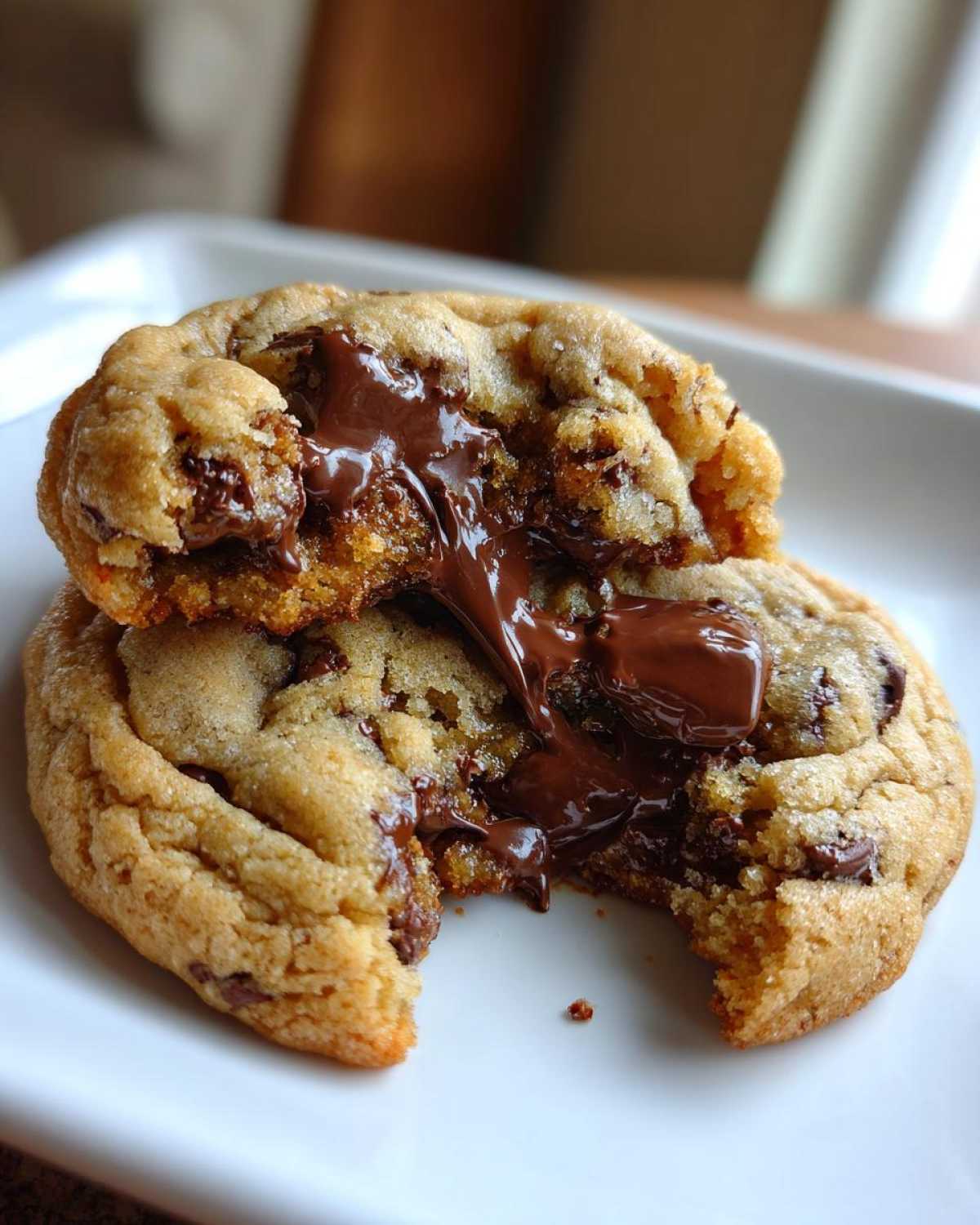 A soft, gooey chocolate chip cookie broken in half, showing melted chocolate oozing out.