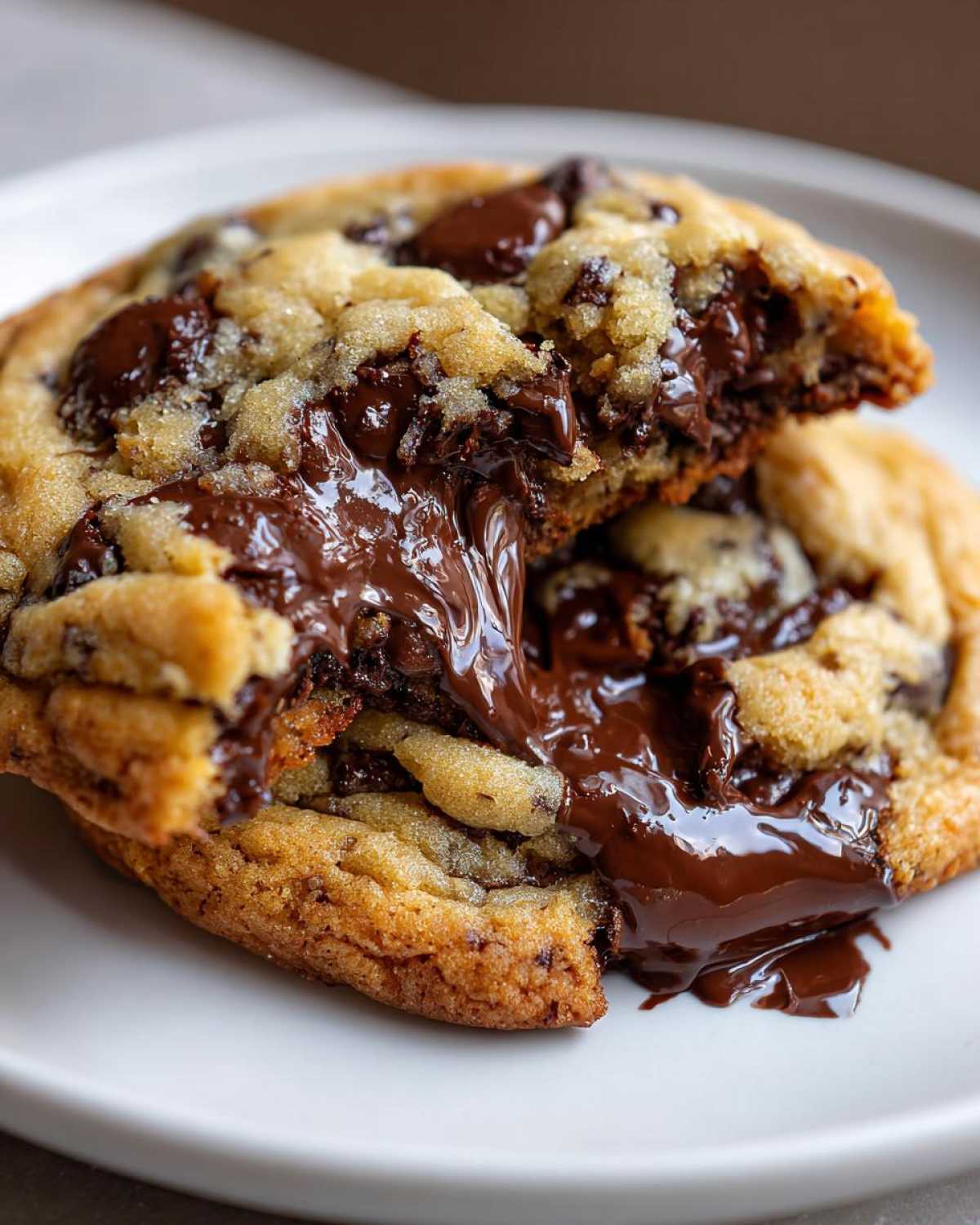 Close-up of a warm chocolate chip cookie broken in half, showing melted chocolate oozing out.