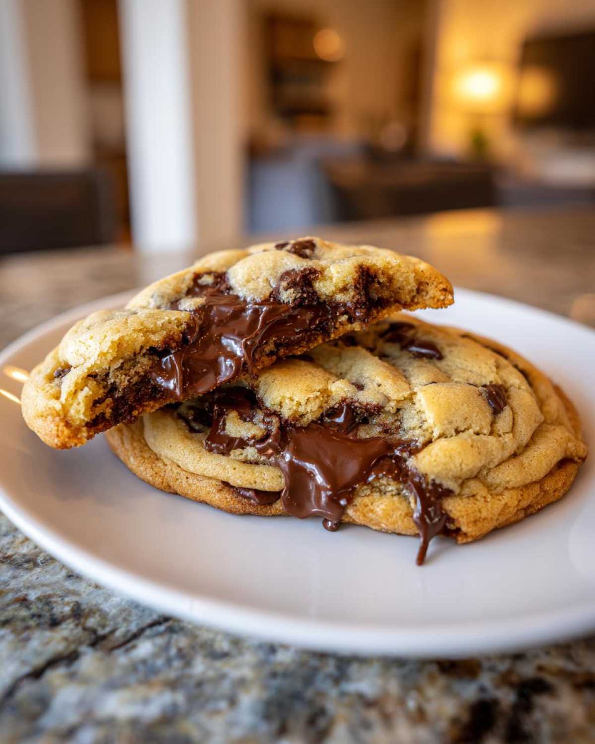 A warm chocolate chip cookie broken in half, showing melted chocolate oozing out.