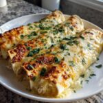Three baked green chile chicken enchiladas covered in melted, bubbly cheese and fresh parsley.