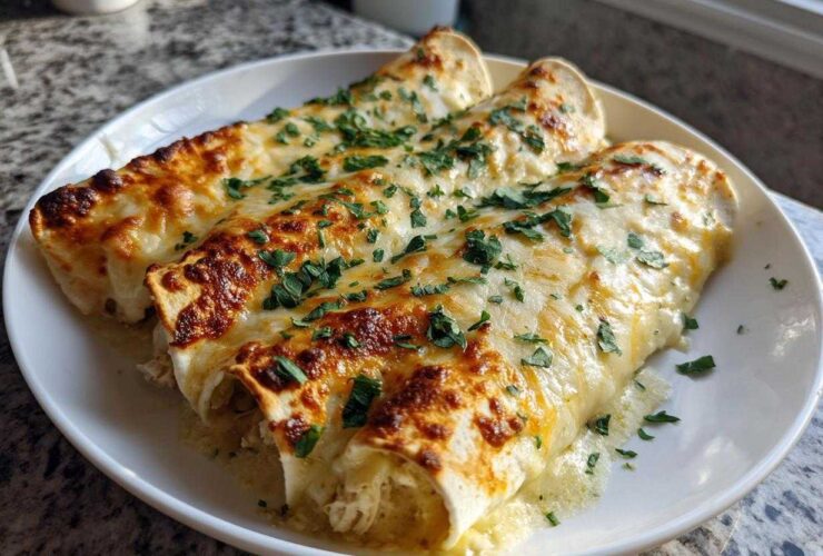 Three baked green chile chicken enchiladas covered in melted, bubbly cheese and fresh parsley.