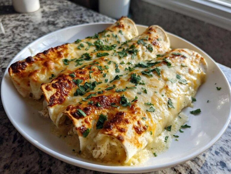 Three baked green chile chicken enchiladas covered in melted, bubbly cheese and fresh parsley.