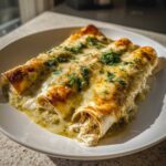 Three rolled green chile chicken enchiladas covered in melted cheese and cilantro on a white plate.