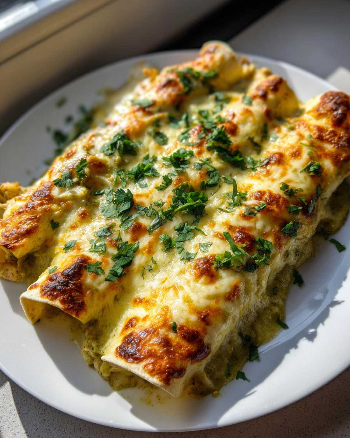Two delicious green chile chicken enchiladas covered in melted, browned cheese and fresh parsley.