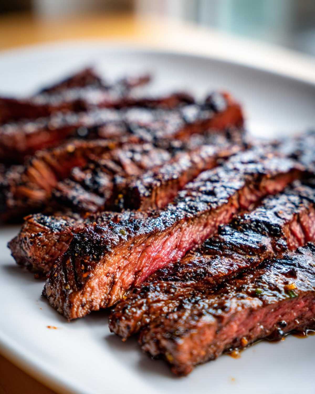 Close-up of medium-rare grilled steak slices, showing juicy interior, prepared with carne asada marinade.