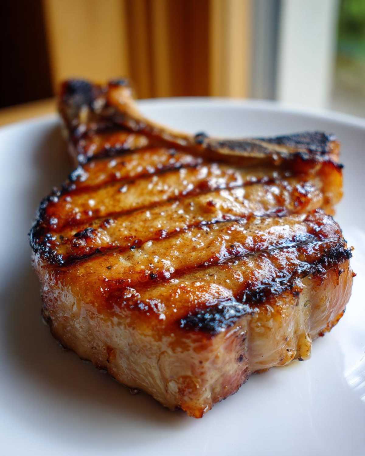 Close-up of a thick, juicy bone-in pork chop cooked with distinct grill marks, ideal for a marinade for pork chops.