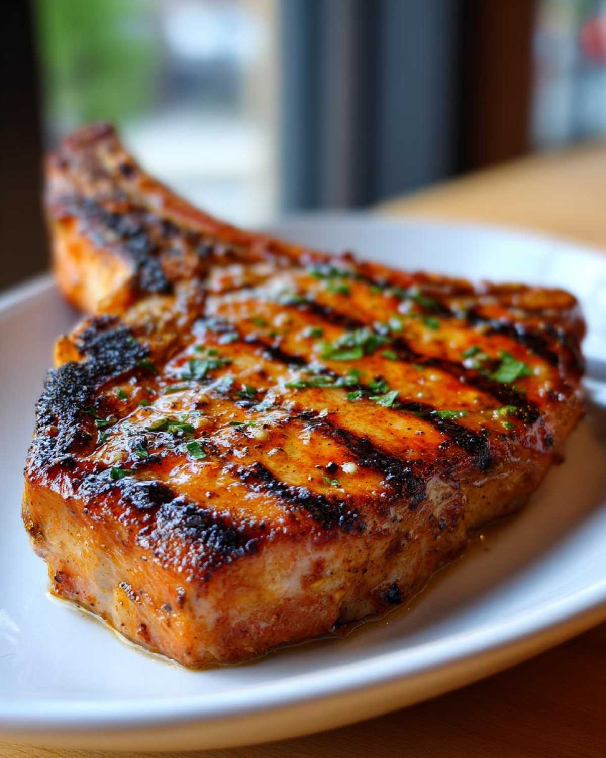 Thick, bone-in pork chop grilled to perfection, showing char marks and garnished with herbs, perfect for a marinade for pork chops.