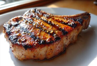 Close-up of a perfectly grilled, thick-cut pork chop showing char marks and a glossy glaze, ideal for a marinade for pork chops.