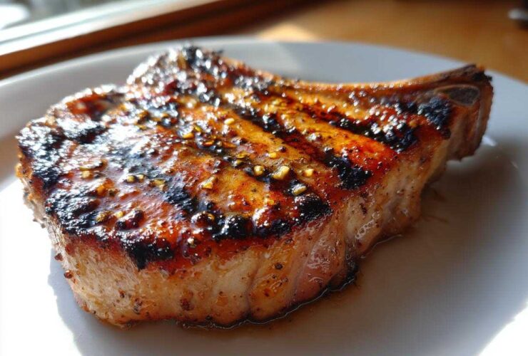 Close-up of a perfectly grilled, thick-cut pork chop showing char marks and a glossy glaze, ideal for a marinade for pork chops.