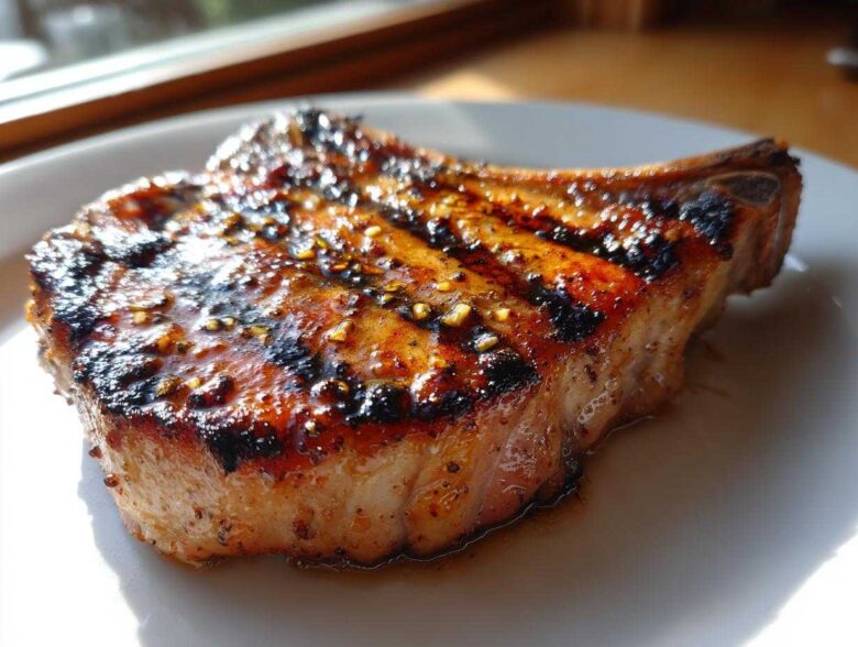 Close-up of a perfectly grilled, thick-cut pork chop showing char marks and a glossy glaze, ideal for a marinade for pork chops.