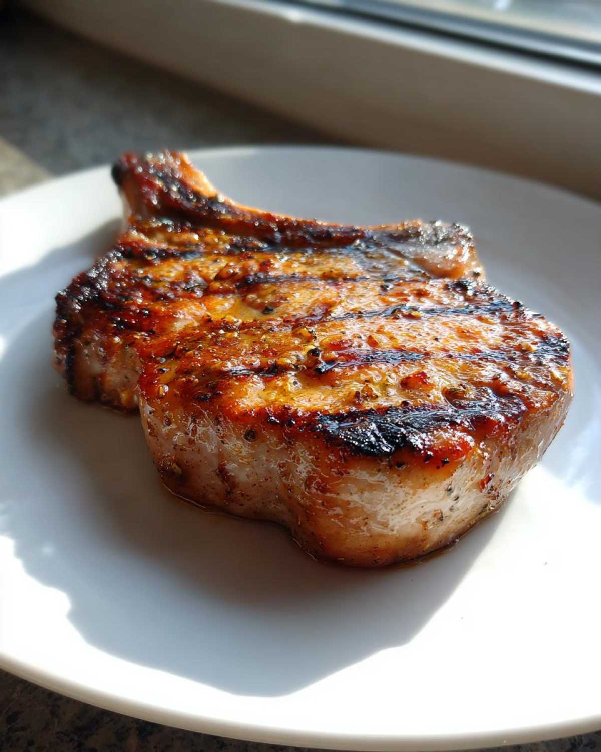 A juicy, thick-cut grilled pork chop showing clear grill marks, likely prepared with the best marinade for pork chops.