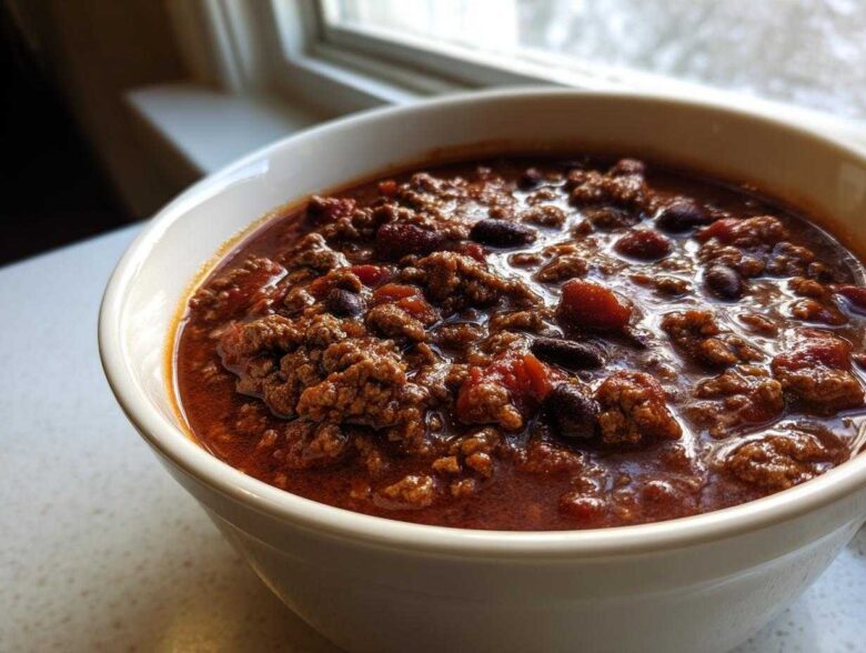 Close-up of a rich, hearty bowl of chili loaded with ground beef and kidney beans, perfect for the best chili recipe.