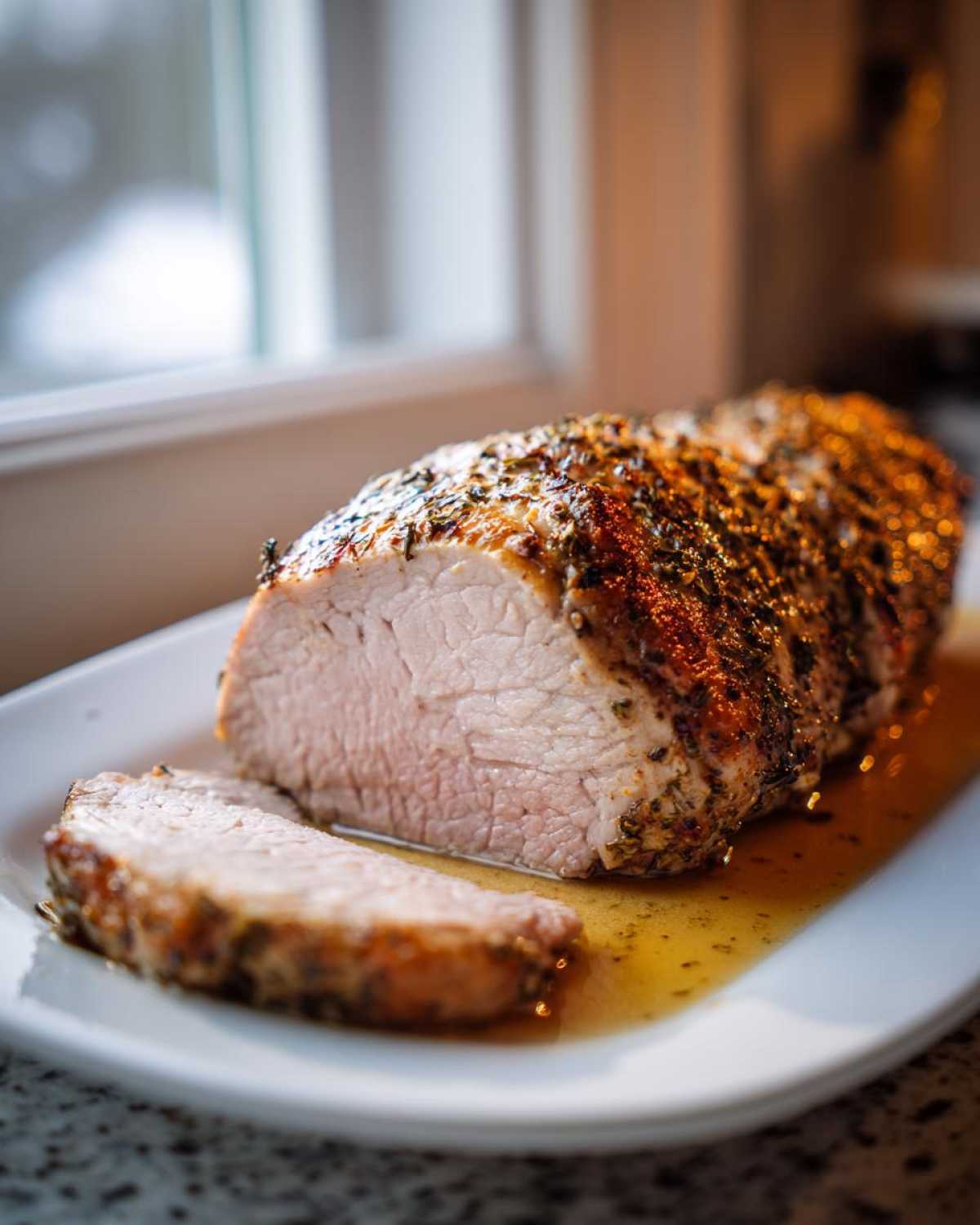 A juicy, herb-crusted pork loin roast with one slice cut off, resting in its juices on a white platter.