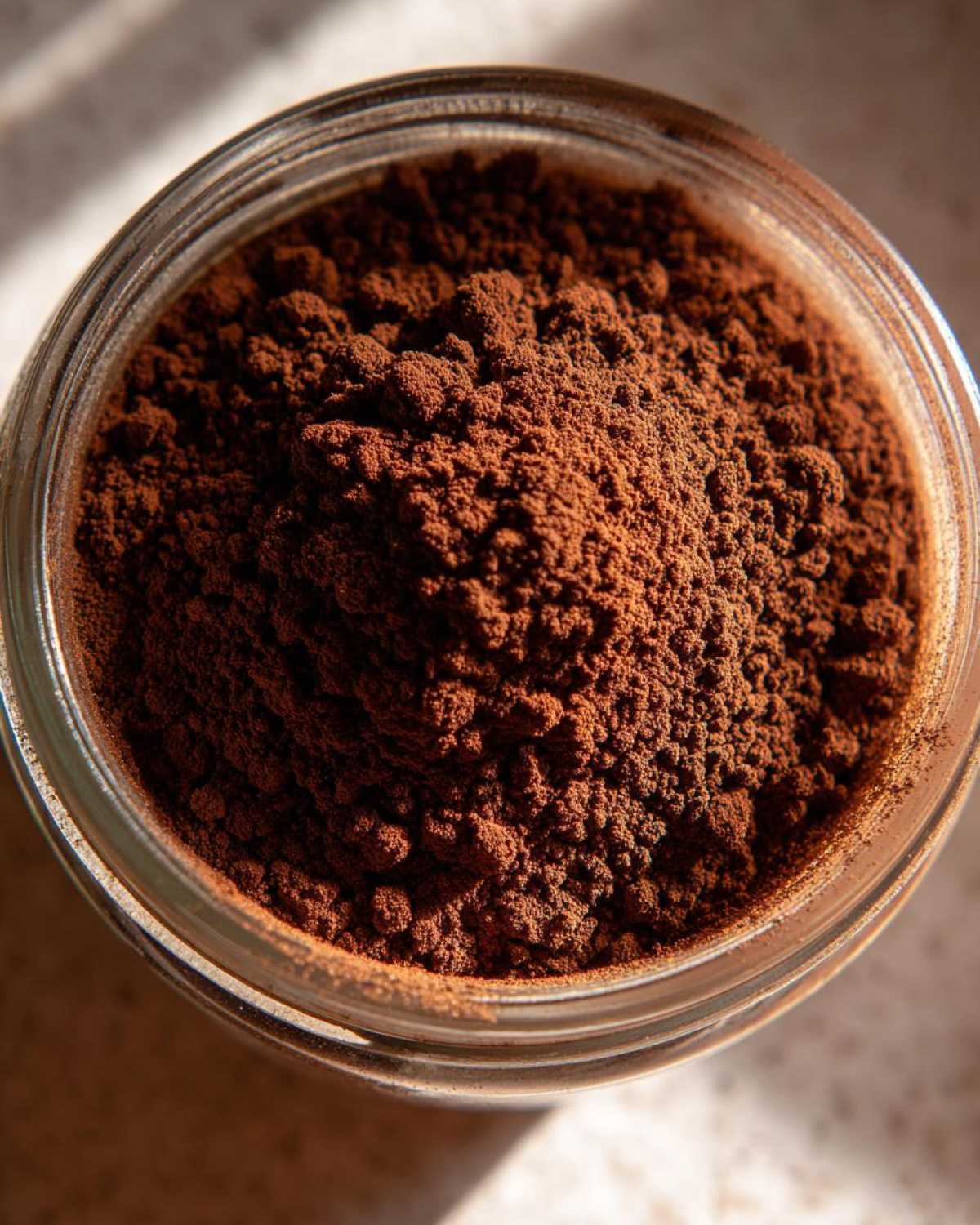 Overhead close-up of rich brown homemade hot cocoa mix powder filling a clear glass jar.