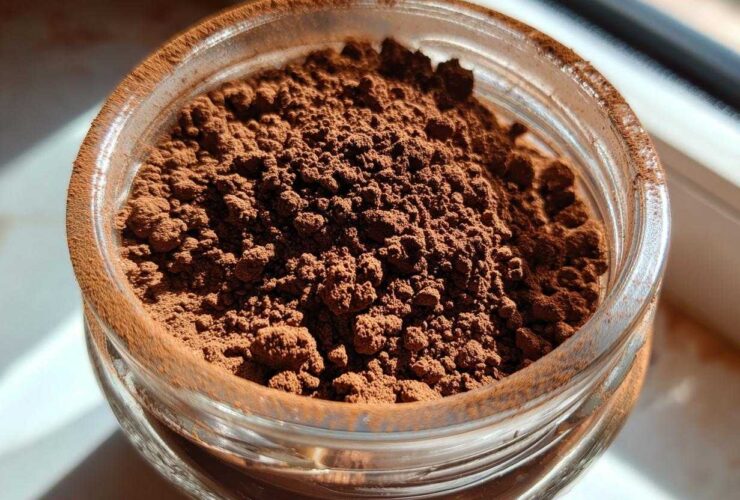 Close-up overhead view of rich, dark brown homemade hot cocoa mix powder filling a small glass jar.