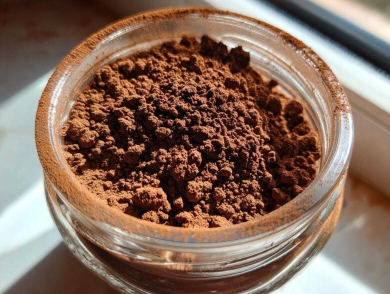 Close-up overhead view of rich, dark brown homemade hot cocoa mix powder filling a small glass jar.