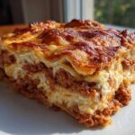 Close-up of a perfectly baked slice of homemade lasagna showing layers of meat sauce and creamy cheese.