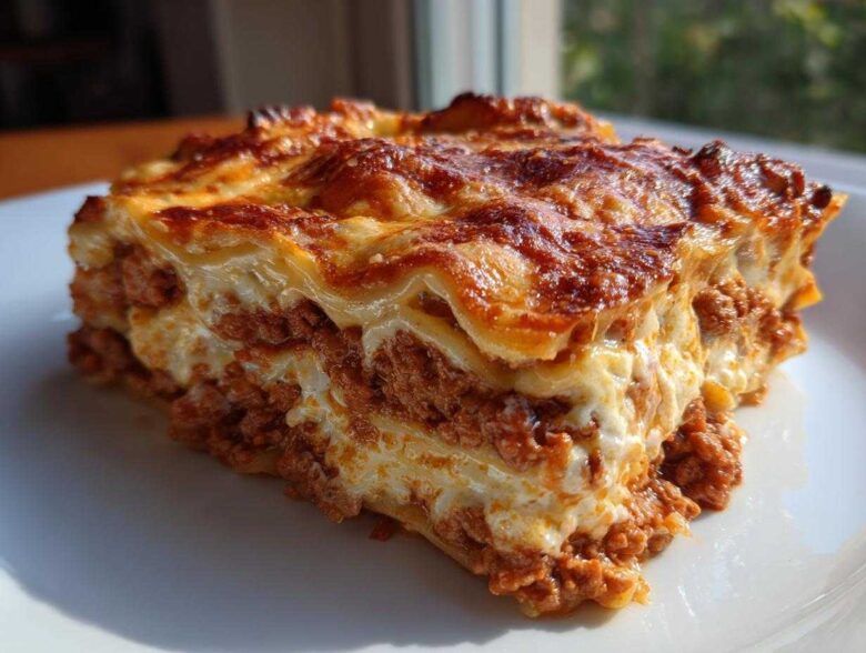 Close-up of a perfectly baked slice of homemade lasagna showing layers of meat sauce and creamy cheese.