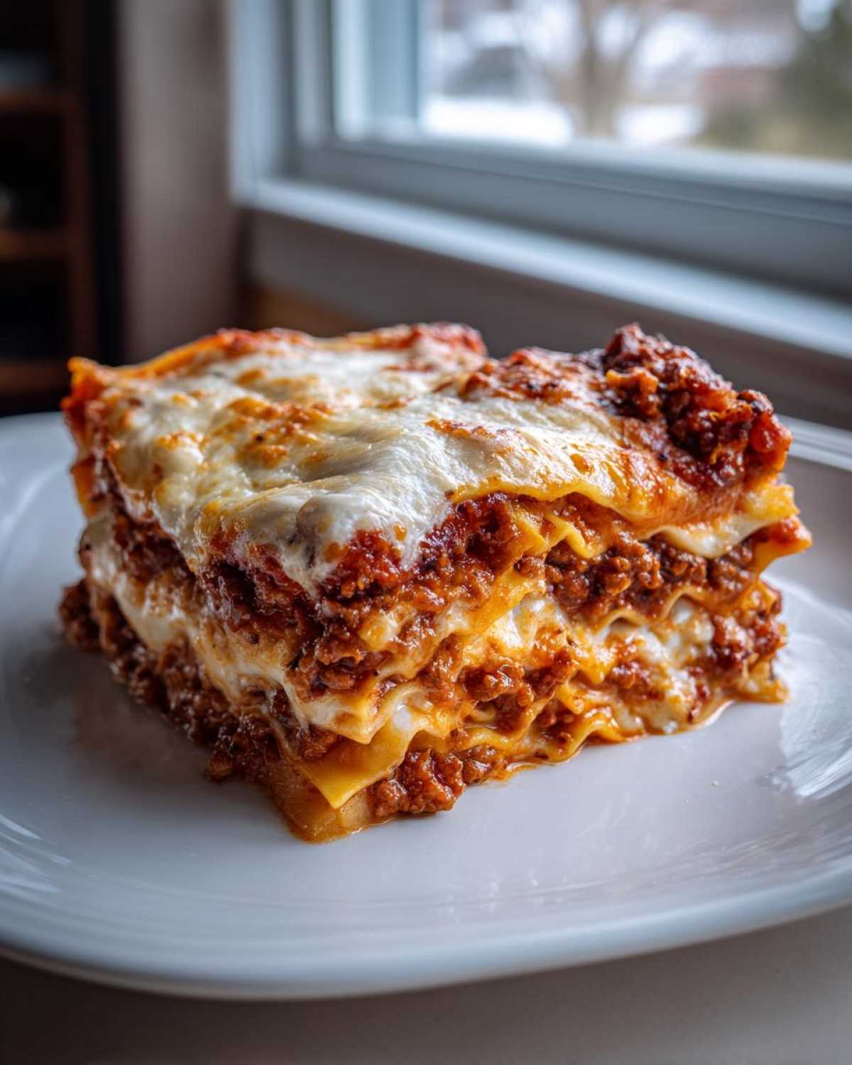 A thick, layered slice of homemade lasagna with rich meat sauce and melted mozzarella cheese on a white plate.