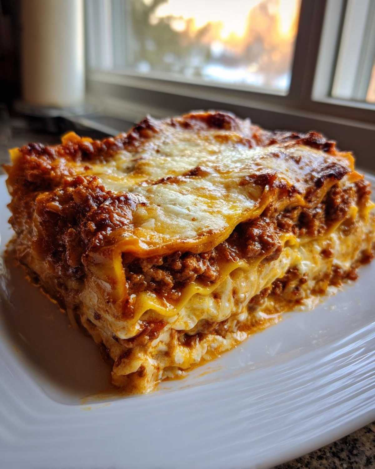 A thick, layered slice of homemade lasagna with rich meat sauce and melted cheese on a white plate.