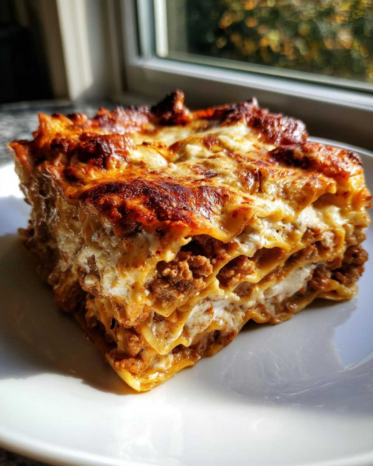 A thick, layered slice of homemade lasagna with a richly browned, cheesy top sitting on a white plate.