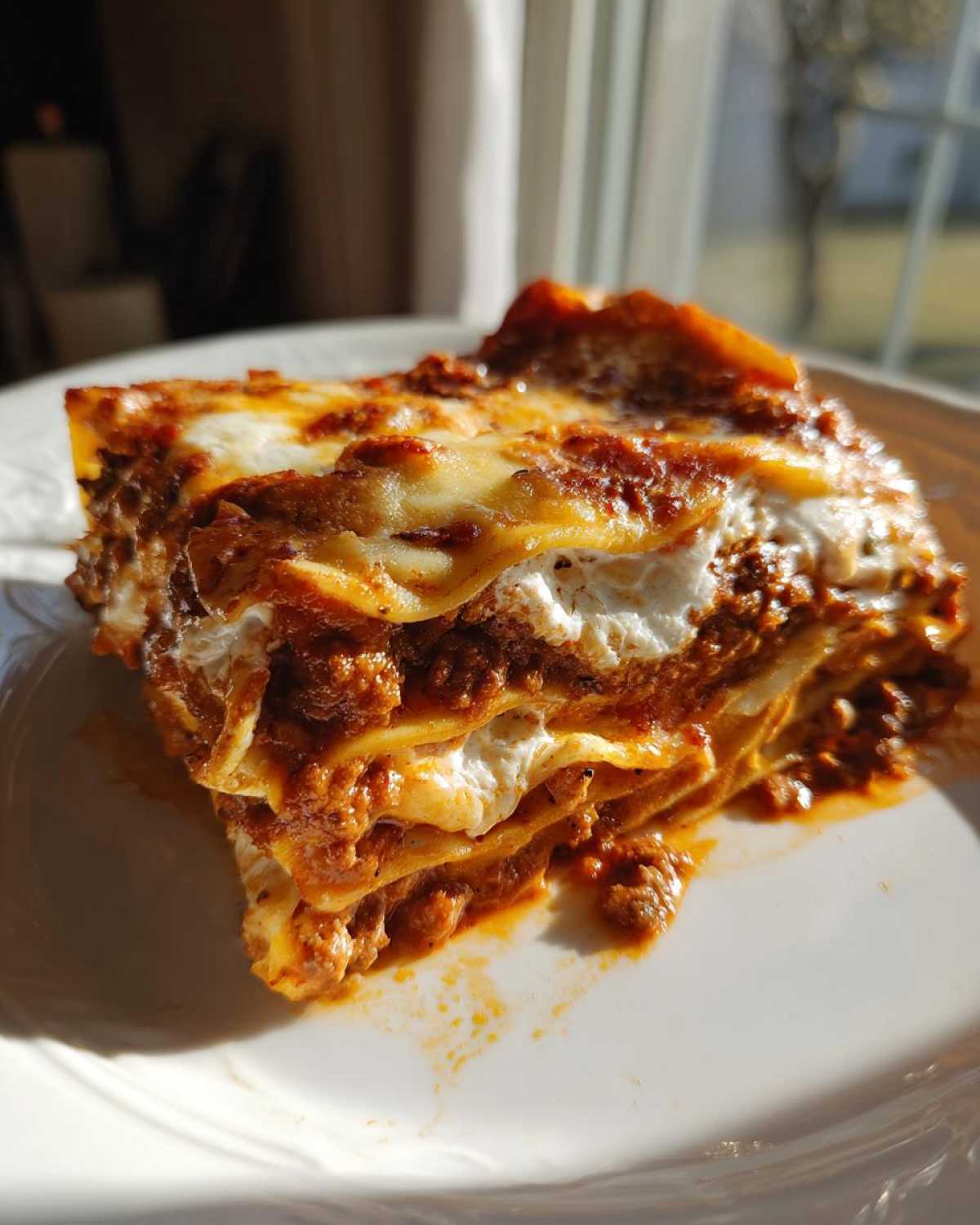 A thick, multi-layered slice of homemade lasagna with rich meat sauce and creamy white cheese filling, served on a white plate.