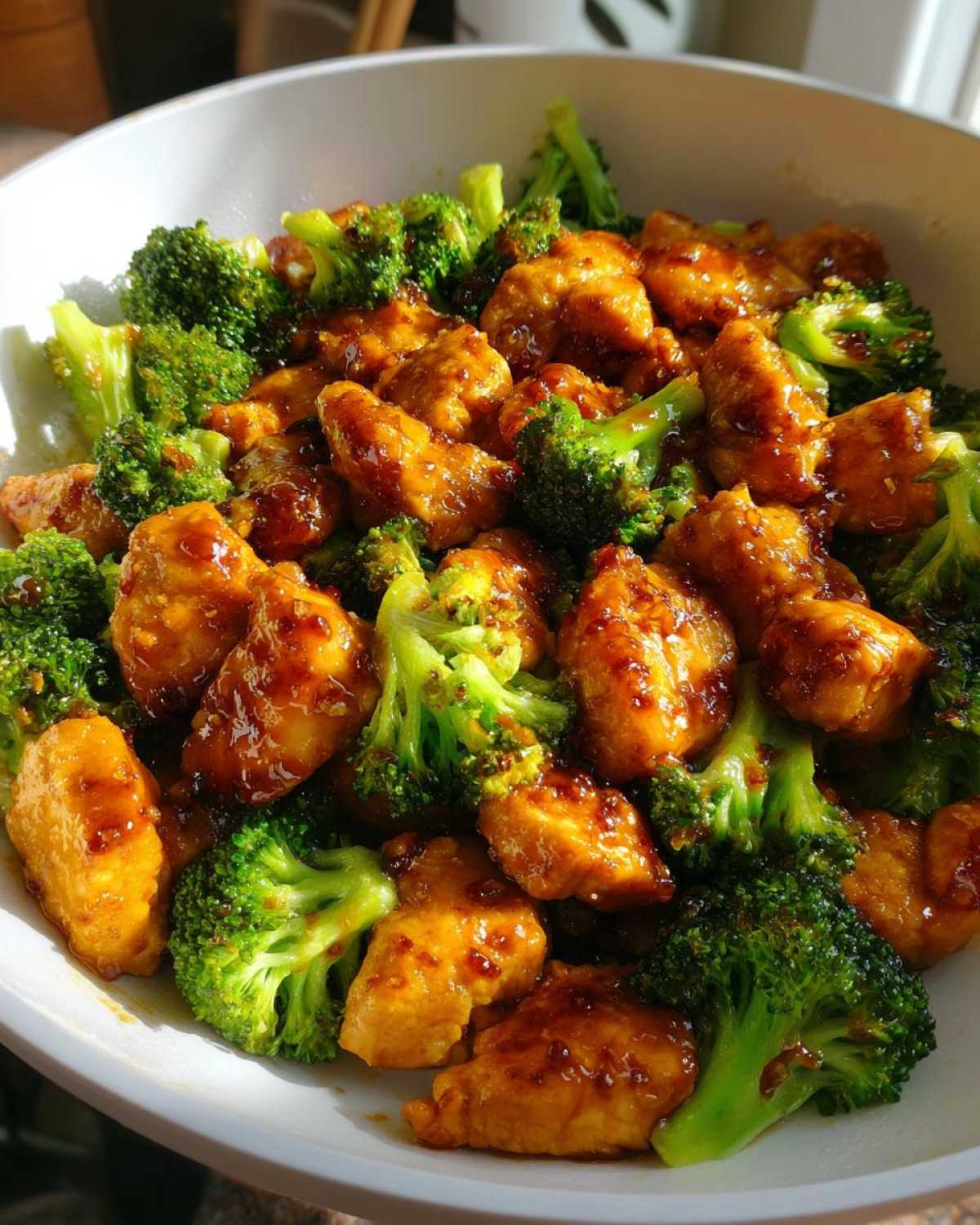 Close-up of glossy, saucy chicken pieces mixed with bright green broccoli florets in a white bowl, featuring honey garlic chicken and broccoli.