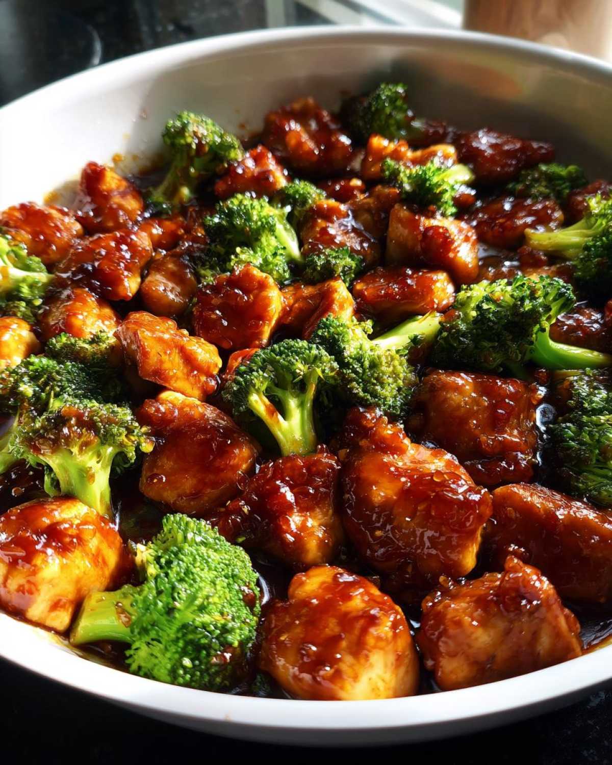 Close-up of glossy, saucy chicken and bright green broccoli florets in a white bowl, featuring honey garlic chicken and broccoli.