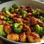 Close-up of glossy honey garlic chicken and broccoli pieces coated in sauce and sesame seeds.