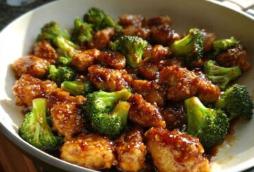 Close-up of glossy honey garlic chicken and broccoli pieces coated in sauce and sesame seeds.