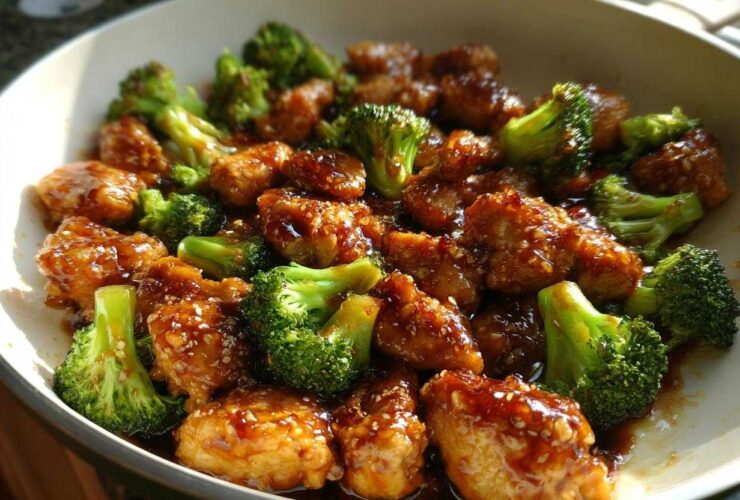 Close-up of glossy honey garlic chicken and broccoli pieces coated in sauce and sesame seeds.