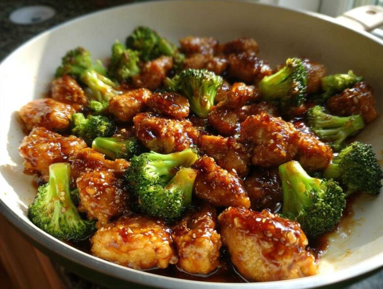 Close-up of glossy honey garlic chicken and broccoli pieces coated in sauce and sesame seeds.