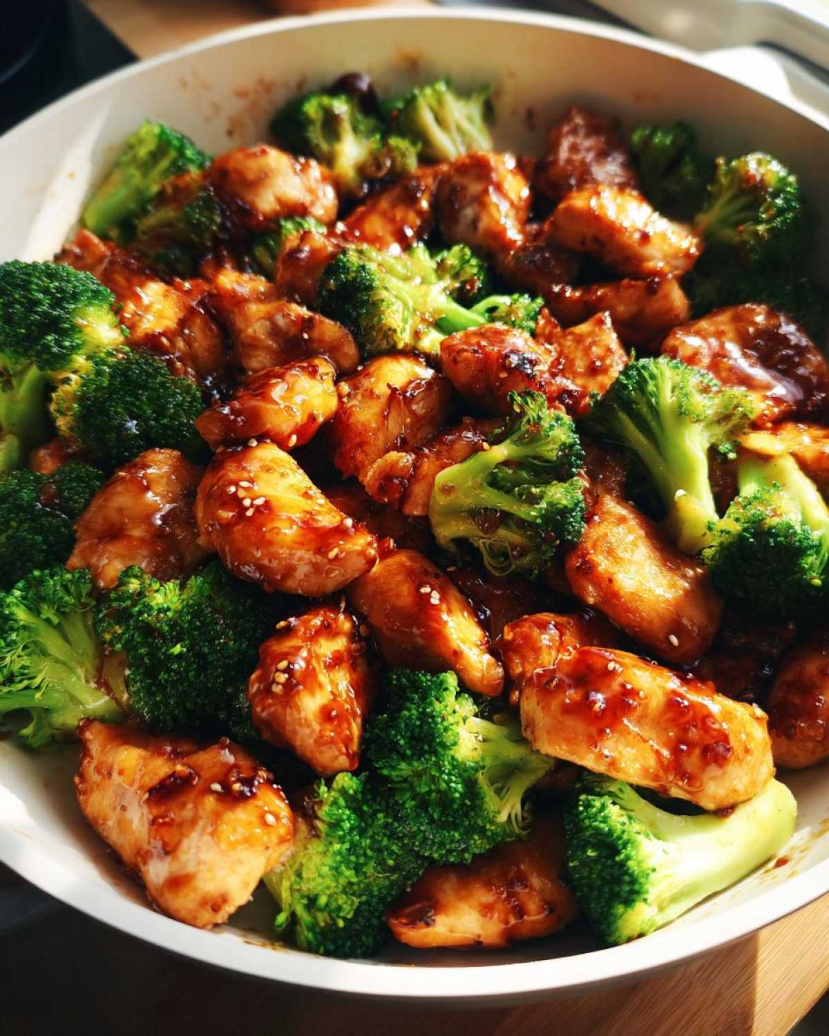 Close-up of glossy, saucy chicken and bright green broccoli in a white pan, featuring honey garlic chicken and broccoli.
