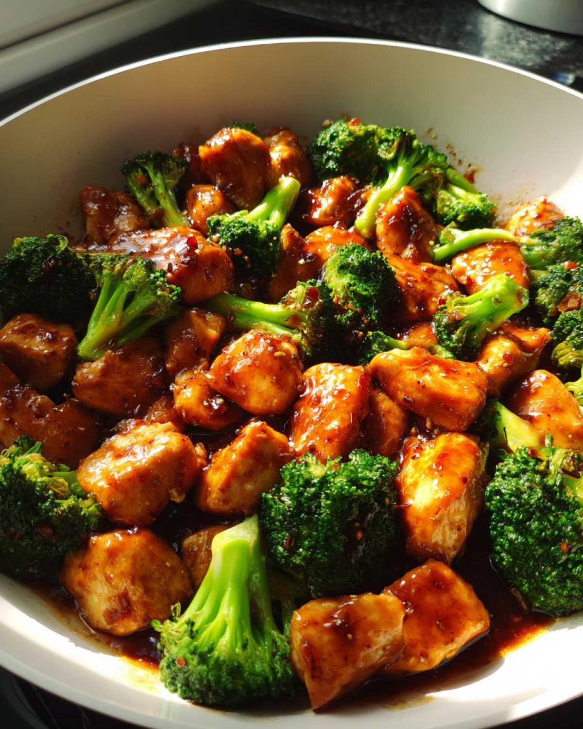 Close-up of glossy, saucy chicken and bright green broccoli florets in a white serving bowl.