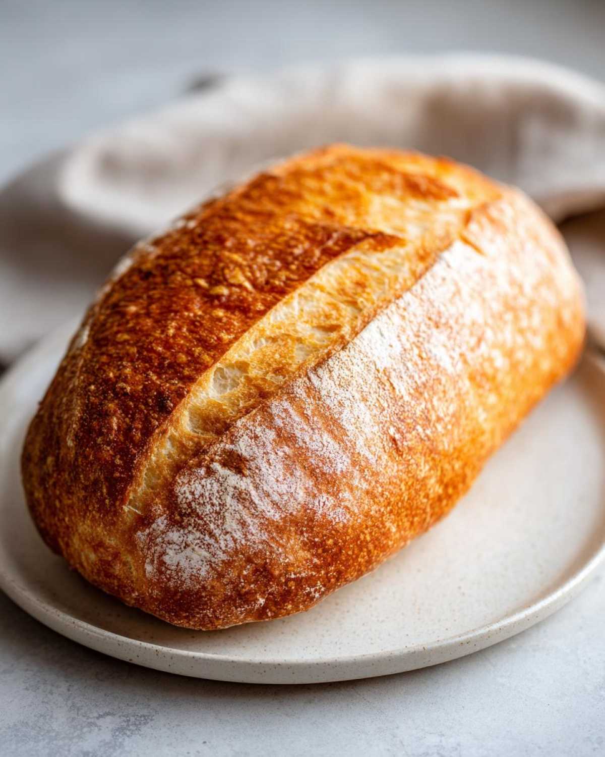 A beautifully baked loaf of Italian bread with a deeply golden, scored crust resting on a speckled white plate.