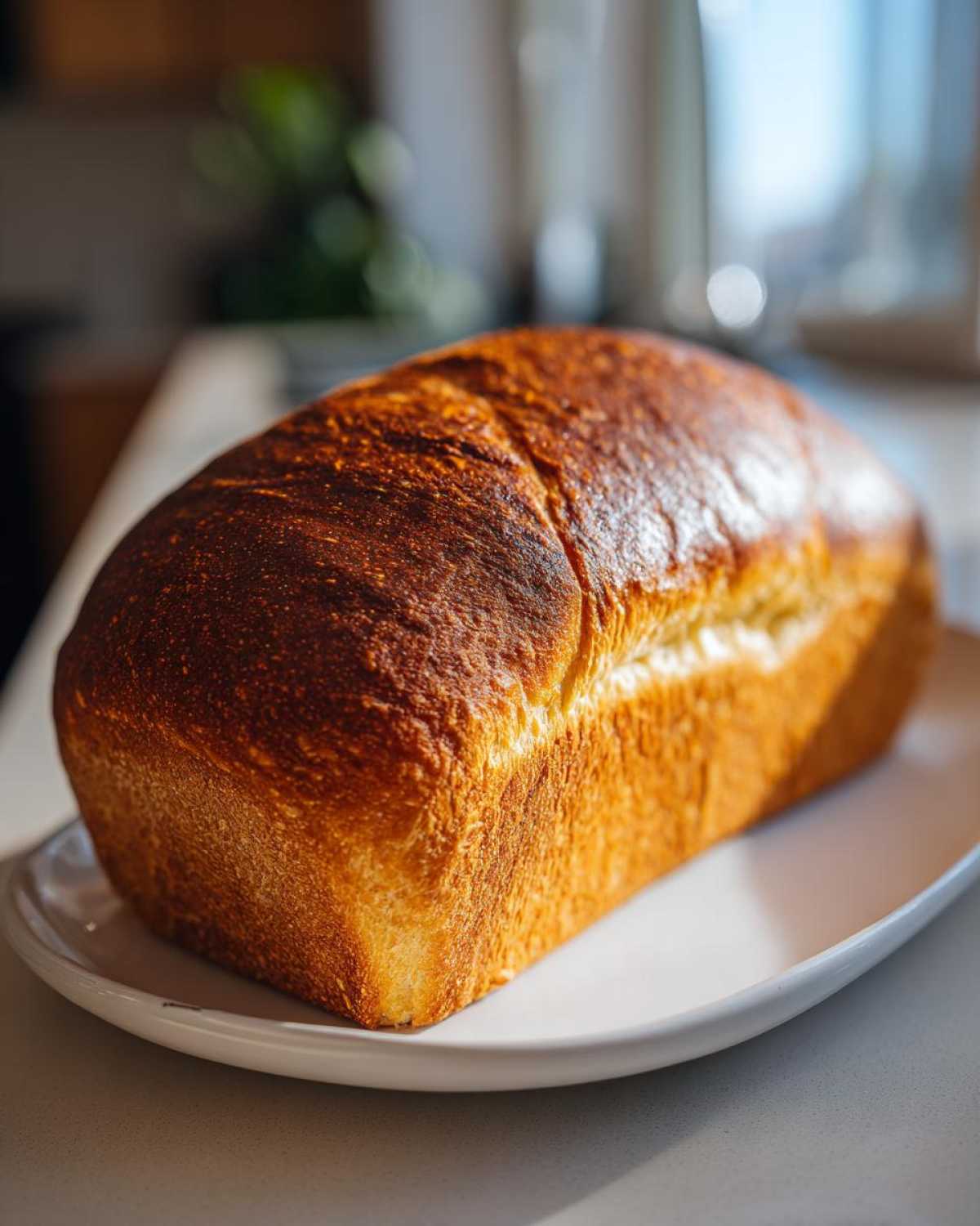 A freshly baked loaf of Italian bread with a deep golden-brown, crackly crust resting on a white plate.