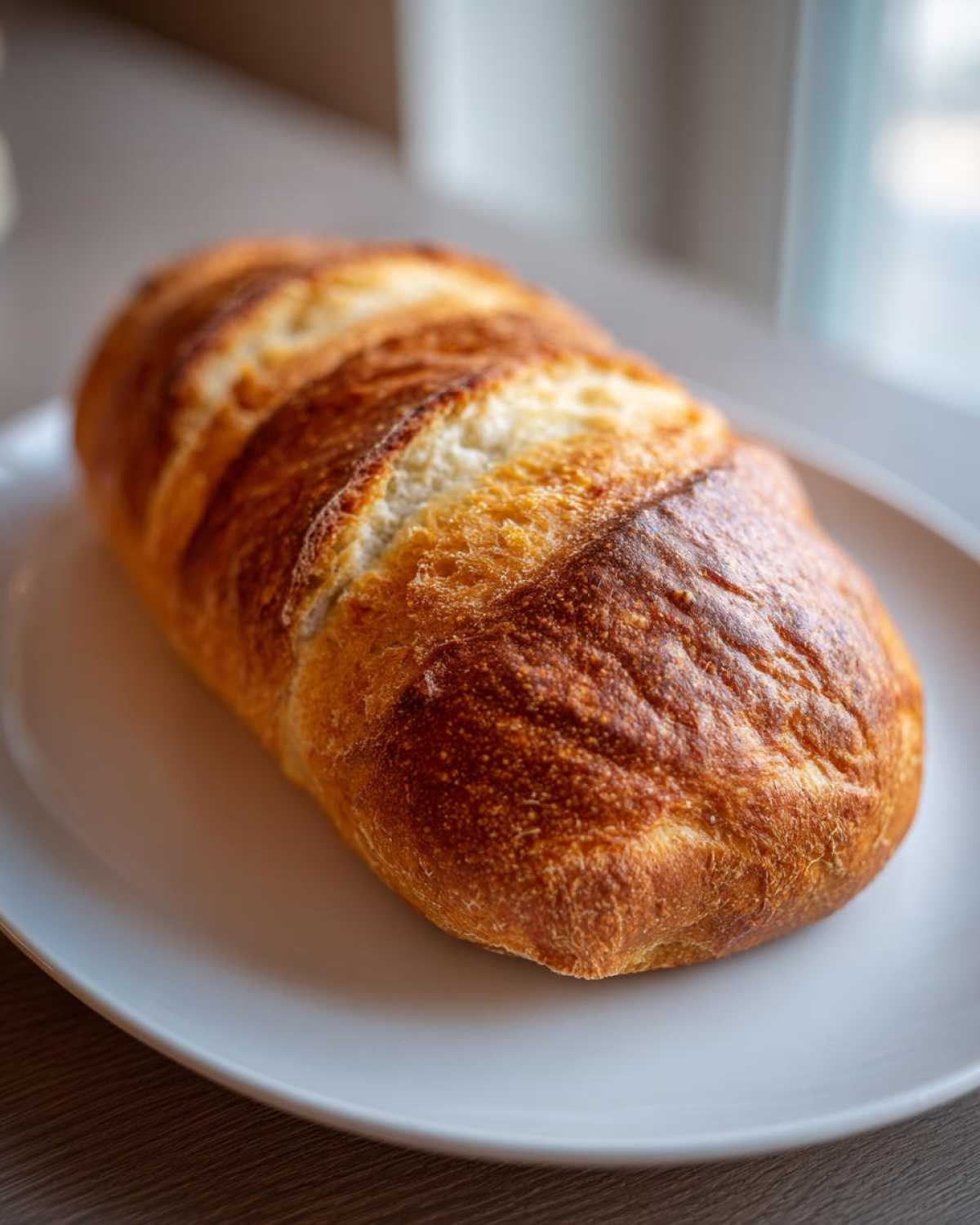 Close-up of a perfectly baked Italian bread loaf with a deep golden, scored crust resting on a white plate.