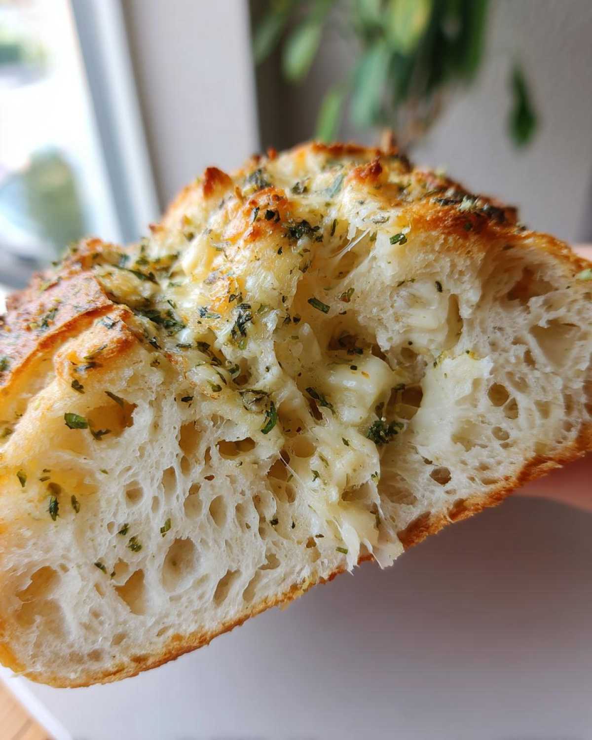 A cross-section showing the airy crumb and melted cheese topping of the Italian herb and cheese bread.